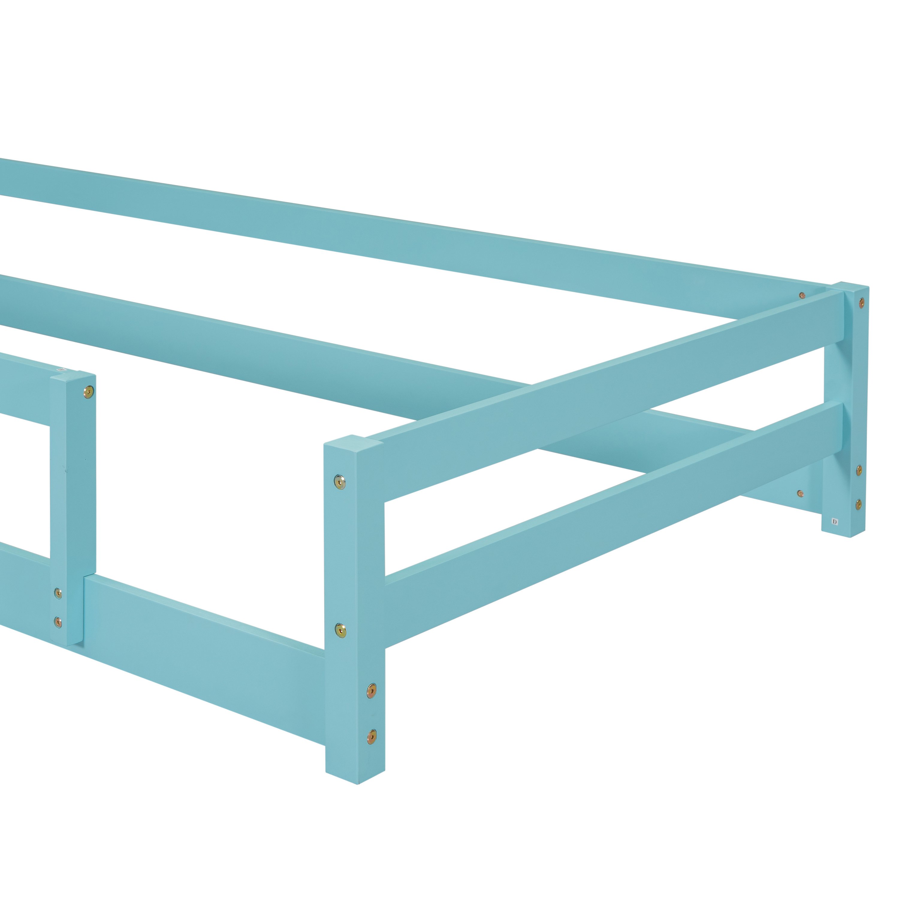 Twin Size Wood bed with House-shaped Headboard Floor bed with Fences,Light Blue Twin Size Wood bed with House-shaped Headboard Floor bed with Fences,Light Blue