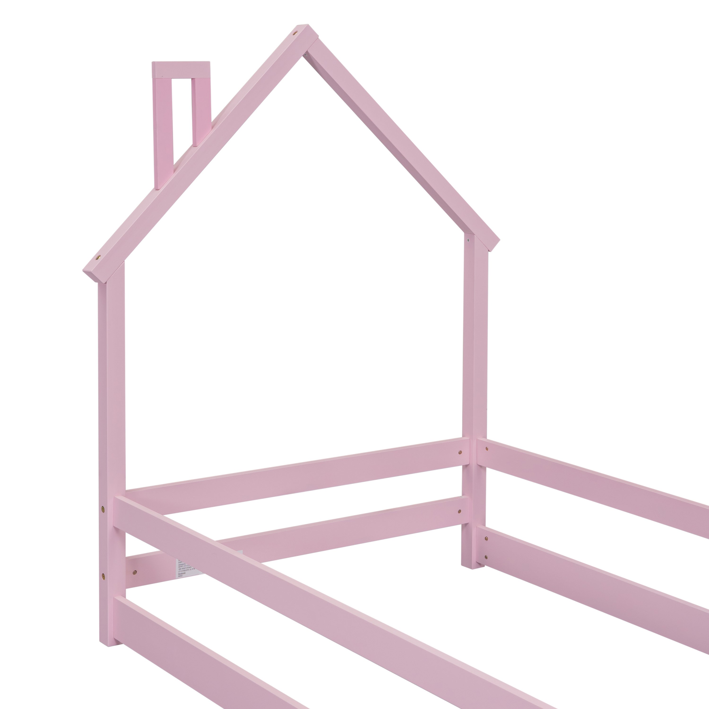 Twin Size Wood bed with House-shaped Headboard Floor bed with Fences,Pink Twin Size Wood bed with House-shaped Headboard Floor bed with Fences,Pink