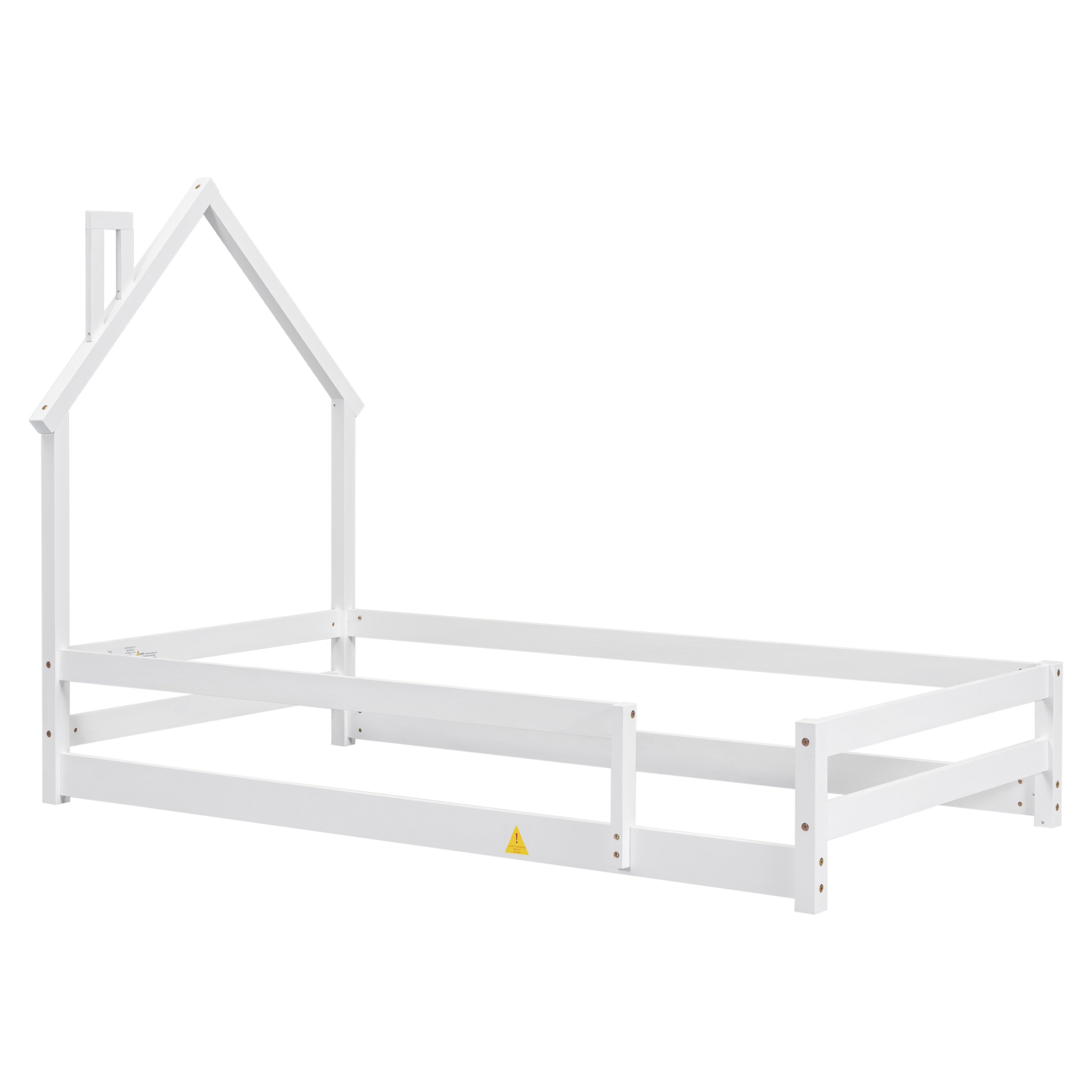 Twin Size Wood bed with House-shaped Headboard Floor bed with Fences,White Twin Size Wood bed with House-shaped Headboard Floor bed with Fences,White
