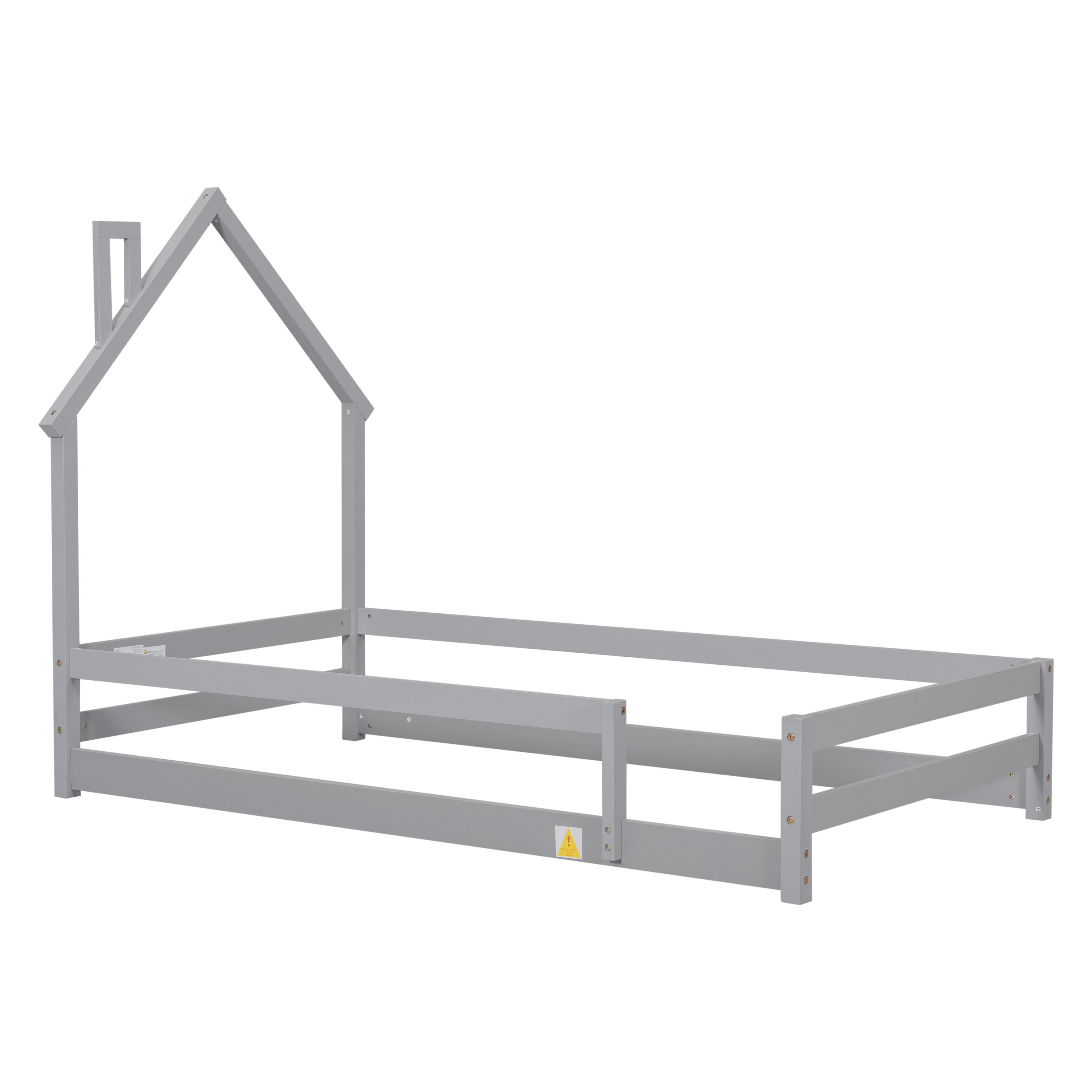 Twin Size Wood bed with House-shaped Headboard Floor bed with Fences,Grey Twin Size Wood bed with House-shaped Headboard Floor bed with Fences,Grey